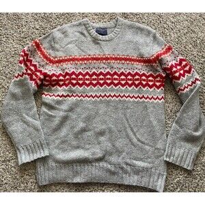 American Eagle Fair isle Sweater Mens Large Gray Red 100% Lambswool Vintage